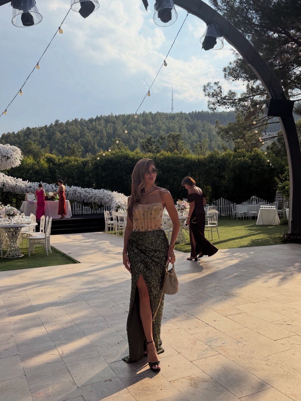 Elegant Gold Sequin Bustier & Olive Green Split Maxi Skirt